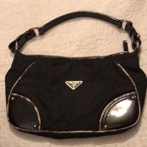 PRADA Purse in Black fabric - corners & handle leather . Leather binding